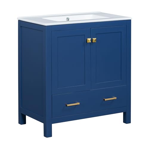 Favfurish 60" Double Bathroom Vanity with Ceramic Sink,Freestading Bathroom Storage Cabinet w/Shelf and Divided Drawers,Soft Close Doors,Separate 2 Bath Vanities Set,Mirror Not Included,Blue