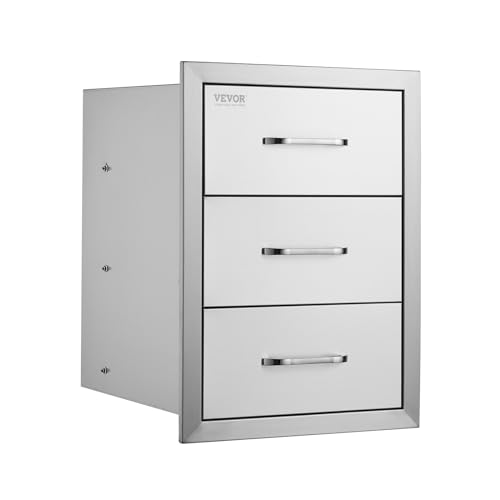 VEVOR Outdoor Kitchen Drawer 16" W x 21.5" H x 18" D, Outdoor Kitchen Cabinets, BBQ Drawer Stainless Steel, Flush Mount Triple Access, with Handle, BBQ Island, Outdoor Grill Patio Grill Station