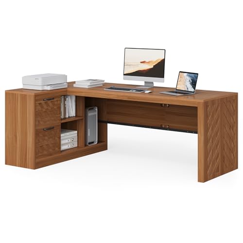 LITTLE TREE 78.7-Inch L-Shaped Executive Desk, Large Home Office Desk with 2 File Drawers and Storage Shelves (Warm Brown)