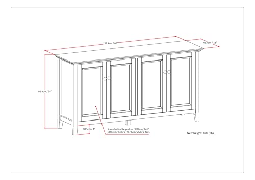 SIMPLIHOME Amherst Storage Cabinet - 66 inch Wide Solid Wood 4-Shelf Sideboard Cabinet in Hickory Brown, Transitional Buffet for Living Room or Dining Room with 4 Doors and Adjustable Shelves