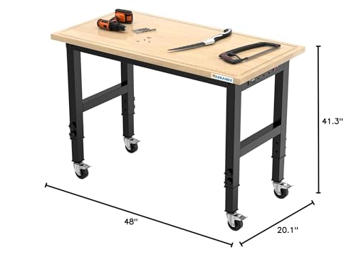 LARBANKE 48" Heavy-Duty Adjustable Workbench with Brake Wheels,Hardwood Worktable Weight Capacity Over 2000 Lbs,Rubber Wood Workbench has Adjustable 5 Different Heights,for Workshop,Garage,Office,Home