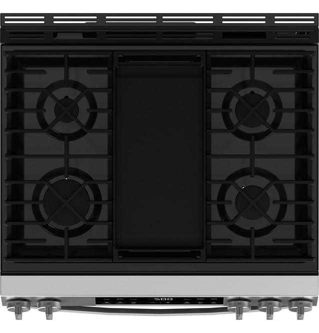 GE 30" Slide-In Front-Control Gas Range, 5.3 Cu. Ft. Oven, 5 Sealed Burners, Crisp Mode & Steam Clean, Stainless Steel – GGS500SVSS