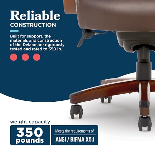 La-Z-Boy Delano Big and Tall Executive Office Chair - Ergonomic Lumbar Support Memory Foam - Bonded Leather Desk Chair for Home Office - Mahogany Wood Arms - Chestnut Brown