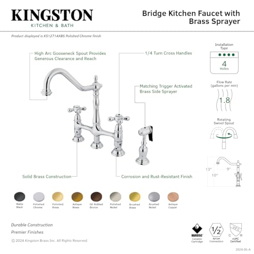Kingston Brass KS127AXBSAC Heritage Bridge Kitchen Faucet, Antique Copper, 11.19 x 8.56 x 13.13