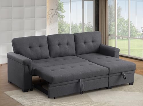 ERYE 83-inch Pull Out Sleeper Couch Bed, L-Shaped Reversible Sleeper Sectional Sofa Linen Blend Tufted Upholstered Corner Convertible Sofa Bed with Storage Chaise
