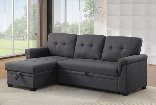 ERYE 83-inch Pull Out Sleeper Couch Bed, L-Shaped Reversible Sleeper Sectional Sofa Linen Blend Tufted Upholstered Corner Convertible Sofa Bed with Storage Chaise