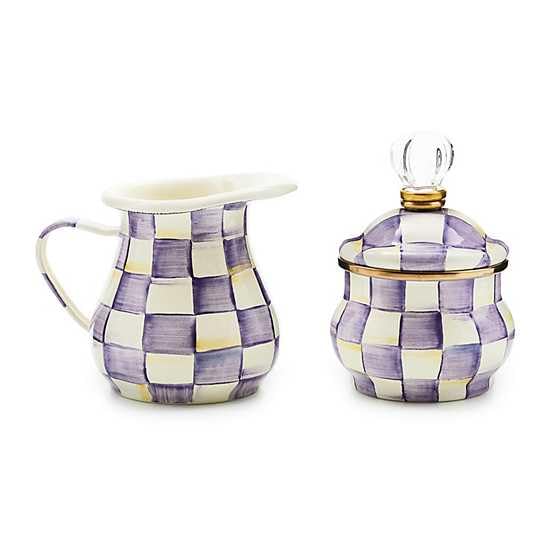 MACKENZIE-CHILDS Enamel Creamer and Sugar Bowl Set, Cream Dispenser with Pour Spout and Sugar Holder, Unique Kitchen Decor, Purple-and-White Violet Check