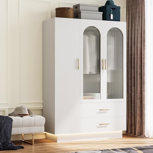 GarveeHome Bedroom Armoire Wardrobe Closet with 3 Doors & 2 Drawers, 71" Tall Wooden Large Armoire Storage Cabinet with Modern Fluted Glass & Shelves, w/Hanging Rod, Sturdy Frame, for Bedroom, White