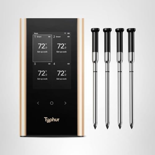 Sync Gold Wireless WiFi Meat Thermometer, 4 Slim Probes, 6 Sensors, 10x Stronger Signal, ±0.5℉ Accuracy, Smart Base Direct Setup, Reliable Reading Through Kamado Grill, BBQ, Oven, Smoker, Air Fryer