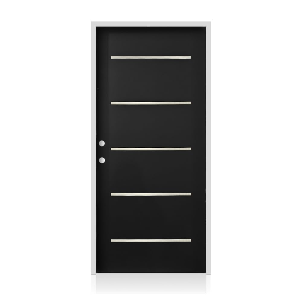 36 in. x 80 in. Right-Hand Black Steel Prehung Front Door with Bore Hole