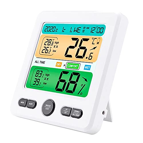 HIONJIN Digital Thermometer Hygrometer Weather Station Large LCD Indoor Flower All Time Temperature Humidity Monitor Alarm Clock(D)