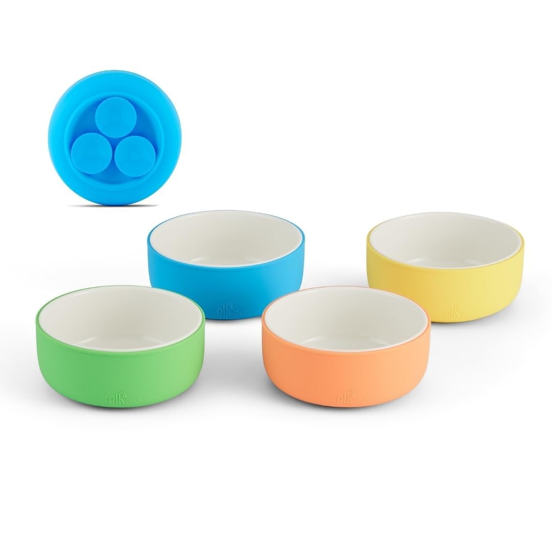 Elk and Friends Kids Porcelain Bowls with Silicone Sleeve | Kids/Toddler/Baby Feeding | Microwave & Dishwasher Safe | Non slip | Cereal/Soup/Snack Dishes & Dinnerware