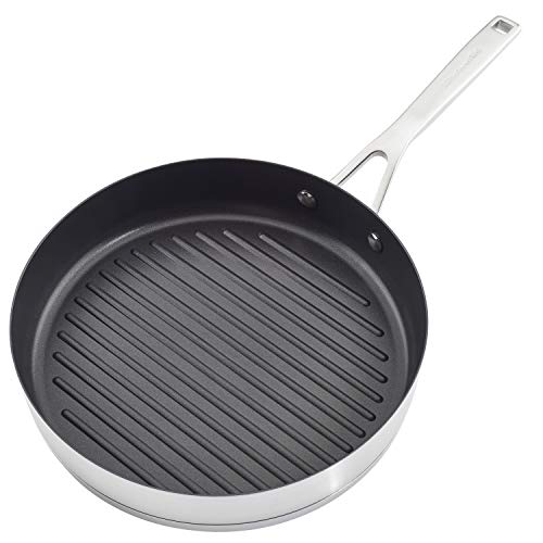 KitchenAid 3-Ply Base Brushed Stainless Steel Induction Pots and Pans Set with Nonstick Round Grill Pan and Lids, Dishwasher Safe, 10 Piece Cookware Set, Brushed Stainless Steel