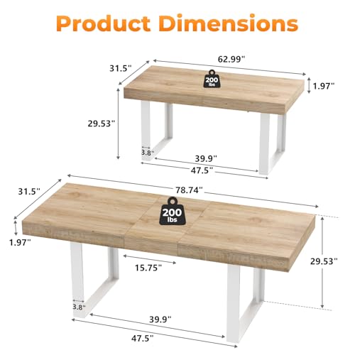 Zevemomo 63"-78.7" Expandable Dining Table, 6-10 Extendable Dining Table, Rectangle Conference Table, Farmhouse Kitchen Table with Slide Track, Tapered U-Shaped Wood Legs for Office, Living Room-Oak