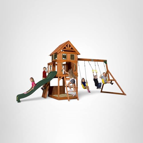 Backyard Discovery Atlantis Cedar Wood Swing Set with Wave Slide, Raised Clubhouse, Rock Wall, Belt Swings, Trapeze, Balcony, Lower Play Space, Snack Bar, Sandbox Area, Step Ladder, Outdoor Playset