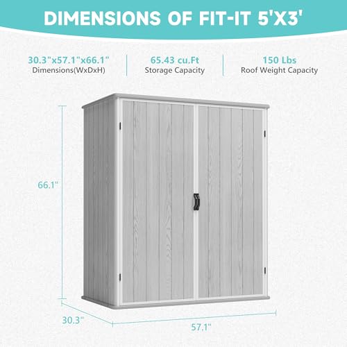 Greesum 5X3FT Plastic Storage Shed with Floor, Resin Outdoor Storaged Shed with Lockable Door, Easy Assembly All-Weather Tool Sheds for Garden, Backyard, Patio, Light Gray (4.7×2.5FT)