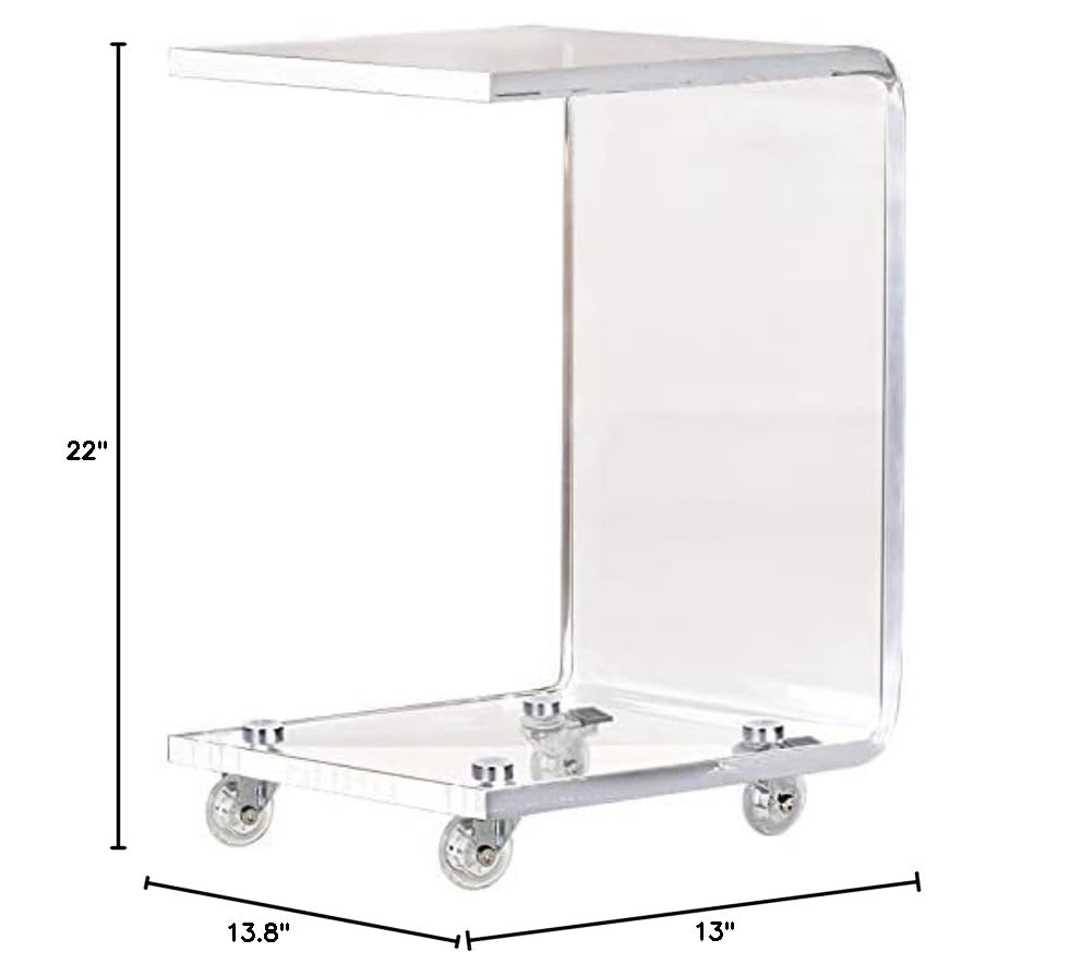 ONELUX Mobile C Shaped End Table,Acrylic Sofa Side Table, Snack Table On Wheels,Clear Rolling Table
