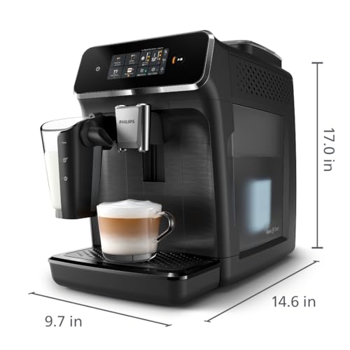 Philips 2300 Series Fully Automatic Espresso Machine with LatteGo milk system and integrated grinder, 4 Coffee Pre-Sets & Hot Water, 40% Quieter SilentBrew, 15-Bar Pressure, Matte Black (EP2330/10)