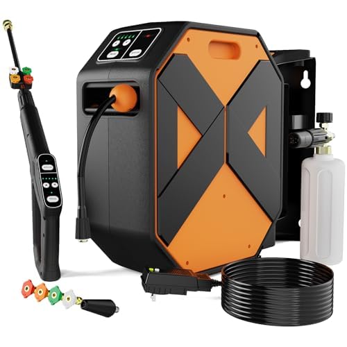 GFCI Wall Mounted Pressure Washer with 100FT Retractable Hose, 5-Stage Adjustable Pressure, Foam Cannon & 5 Nozzles for Car, Lane, Patio Cleaning