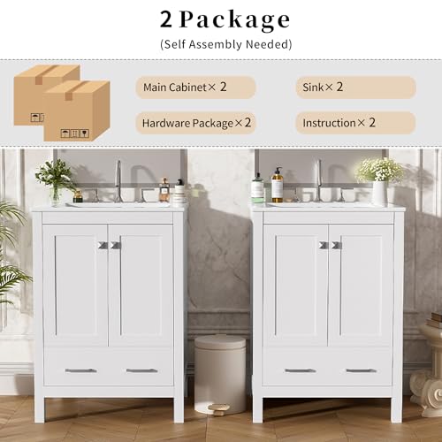 Favfurish 48" Bathroom Vanity with Ceramic Double Sink, Undermount Double Basin Vanity Set w/2 Divided Drawers and 4 Double-Layer Soft Close Doors & Built-in Shelf, Freestanding Storage Cabinet,White