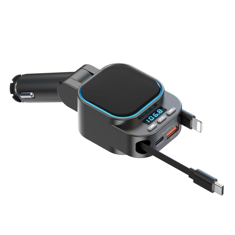 Retractable Car Charger 96W with Bluetooth Car Adapter, 4 in 1 Fast Charging, Radio Bluetooth 5.3 FM Transmitter, Handsfree Calling, USB C Phone car Charger Adapter for iPhone 16 15 14 13 12