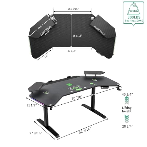 JWX Dual Motor Standing Gaming Desk with Aluminum Alloy Led Lights, 72'' Wing Shaped Large Gaming Studio Music Desk with Slot Design Shelves, for Streamer, Social Media Influencer & Music Recording