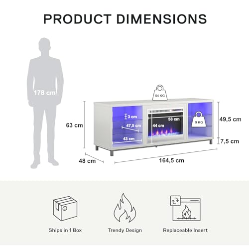 Ameriwood Home Lumina Fireplace TV Stand for TVs up to 70 Inch, Replaceable Electric Fireplace Insert Heater, Remote Control, Timer, Color Changing LED Lights, Crystal Ember Flames, White