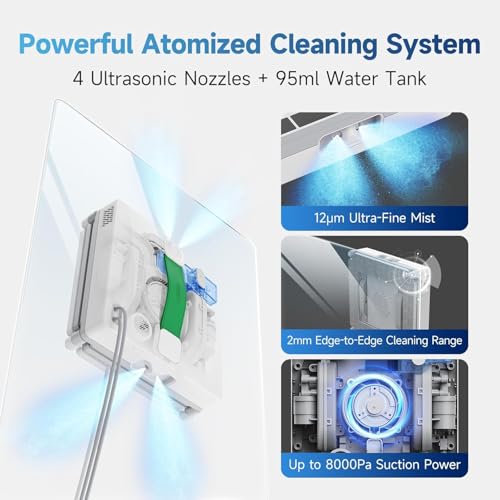 FMART W8 Mini Window Cleaning Robot, 8000Pa Suction, Ultra-Slim 2.36 in, 4-Way Ultrasonic Spray, Edge-Cleaning Route, Smart Path Planning, 9-Stage Safety, App & Remote Control
