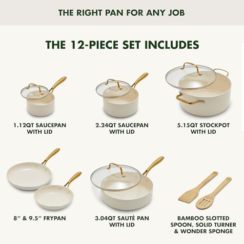 GreenPan 12 Piece Nonstick Swift Cookware Set, Ceramic PFAS-Free Pots & Pans with Lids, Dishwasher & Oven/Broiler Safe to 600F, Kitchen Cooking Set, Sauce, Saute, Stock, Frying Pans, Cream