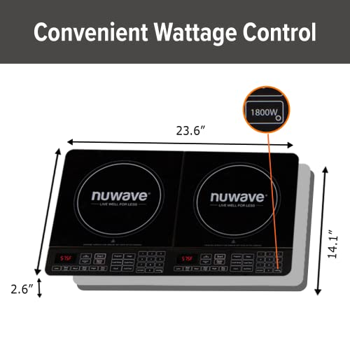 Nuwave PIC Double, Portable, Powerful 1800W with 2 Large 8” Heating Coils, Independent Controls, 94 Temp Settings from 100°F to 575°F in 5°F Increments, 11.5” Shatter-Proof Ceramic Glass Surface