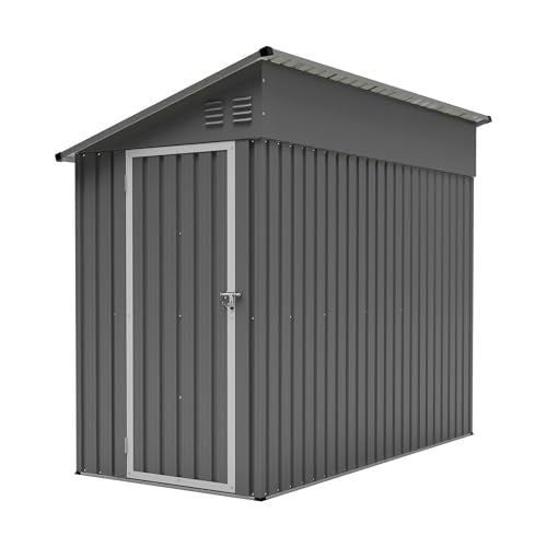 YOPTO 4×8 FT Lean to Metal Shed,Outdoor Heavy-Duty Storage Shed with Floor Base,All Weather Waterproof Garden Tool House W/Lockable Door&2 Air Vents,Reversible Door Design,for Backyard,Patio,Lawn,Gray
