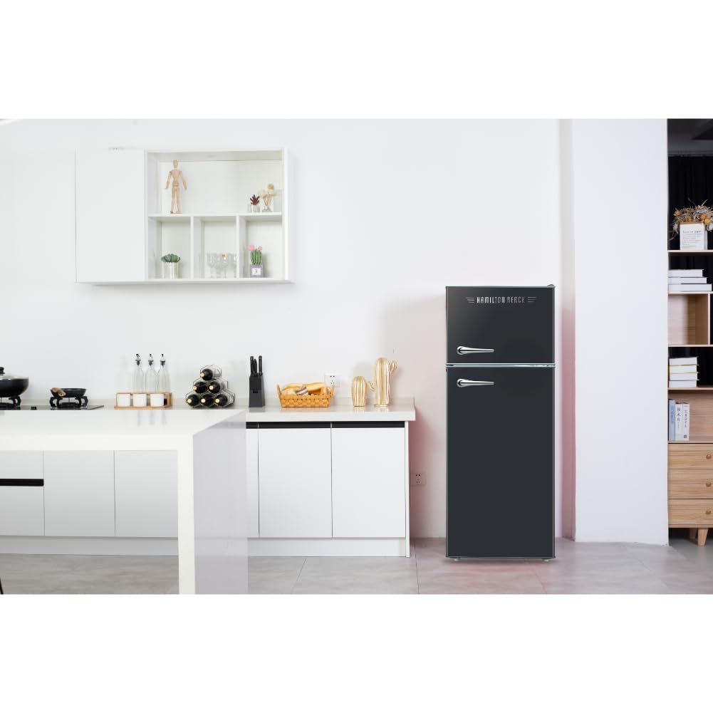 HAMILTON BEACH 2 Door Apartment Size Refrigerator with Freezer, 7.5 cu. ft, Retro Black