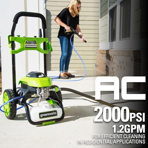 Greenworks 2000 PSI Electric Pressure Washer for Home & Outdoor Cleaning, 1.2 GPM Cold Water Power Washer with Push-Button Start, Multiple Spray Nozzles, CSA Certified