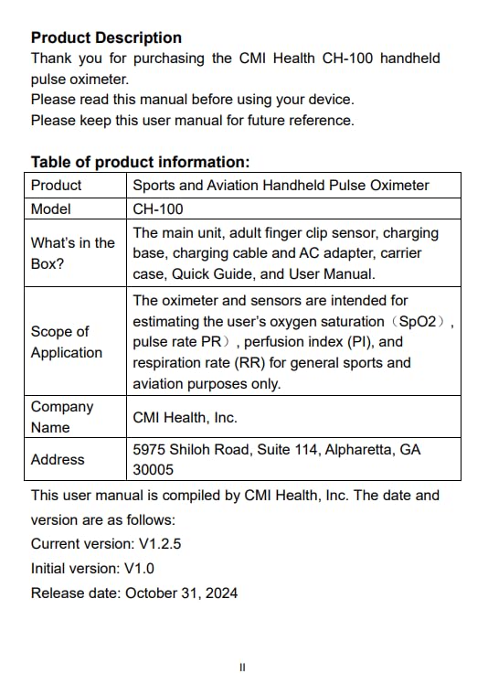 CMI Health CH-100 Handheld Pulse Oximeter - Measures Oxygen Level, Pulse Rate & Respiration Rate - Adjustable Audio & Visual Alarm - 1440 Hours of Continuous Data Storage