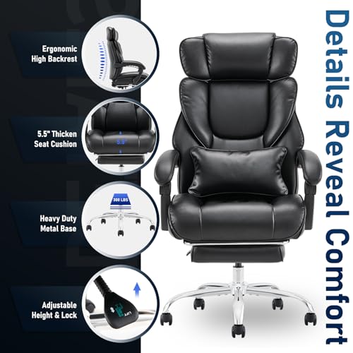 High Back Office Chair with Retractable Footrest & Lumbar Pillow, Ergonomic Bonded Leather Executive Desk Chair, Thick Padded Cushion, 90–135° Reclining Chair for Home Office,Black