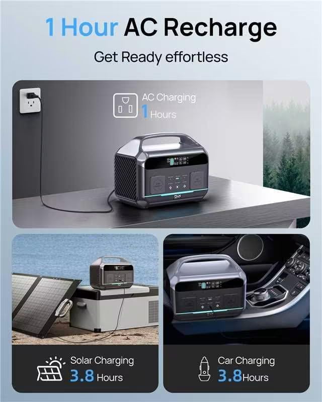 Portable Power Station 600W (1200W Surge) with 100W Solar Panel Included, 576Wh LiFePO4 Electric Generator, 1Hr Fast Charging, 100W USB-C PD Output, Solar Power Bank for Home Emergency, Camping, CPAP