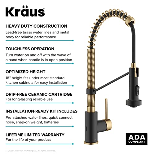 KRAUS Bolden Touchless Sensor Commercial Style 2-Function Single Handle Pull Down Kitchen Faucet in Brushed Brass/Matte Black, KSF-1610BBMB