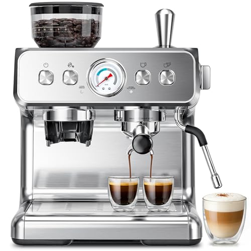 Kismile Espresso Machine with Grinder,20 Bar Expresso Coffee Machines,Espresso Maker with 30 Grind Settings, Milk Frother Steam Wand，Expresso Machines for Home, Perfect for Cappuccino, Latte
