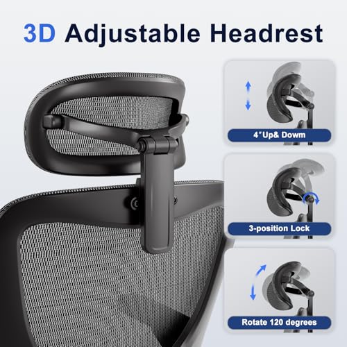 marrap Ergonomic Office Chair, Mesh Seat Cushion with 3D Armrests and 3D Headrest, Adjustable Lumbar Support with 90-120° Rocking Function, SGS Class 4 Gas Clylinder, Black