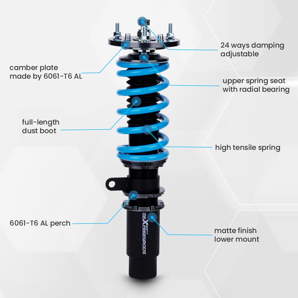 maXpeedingrods Coilover for BMW E46 1998-2007, 24 Levels Damper Adjustable Coilovers Suspension Kit, Height Adjustable Shock Absorber Struts, Lowering Kit T6 Upgraded Coilovers, Blue