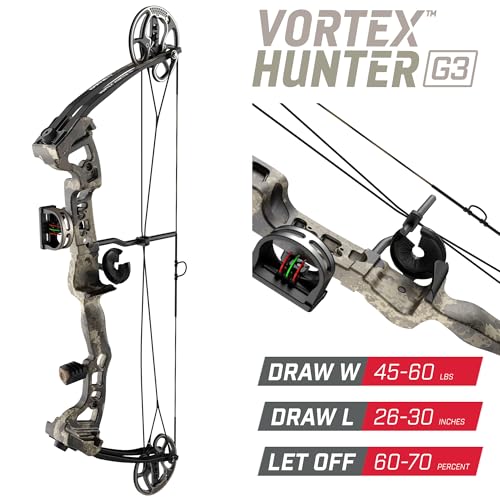 Barnett Vortex Hunter G3 Compound Bow - 45-60lb Draw Weight, 26-30in Draw Length, Veil Camo, with D Loop, Arrow Rest, Quiver, Stabilizer, Adjustable 3 Pin Fiber Optic Sight - for Teens & Adults