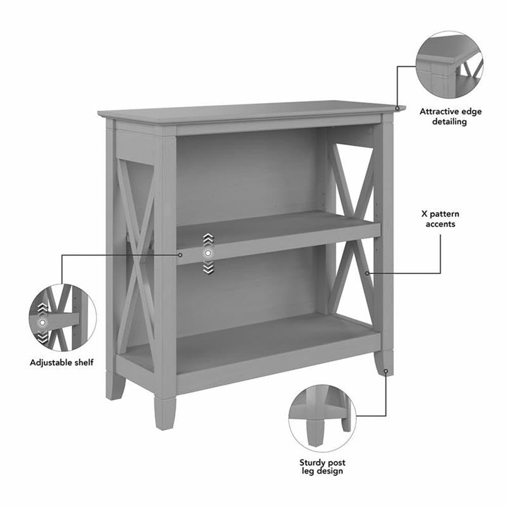 Bush Home Key West Small 2 Shelf Bookcase in Cape Cod Gray, Compact Home Organizer, Vertical Storage Solution, Bookshelf for Office or Living Room