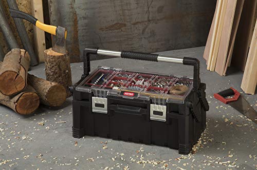 KETER 22 Inch Cantilever Plastic Portable Tool Box Organizer with Metal Latches for Small Parts, Hardware and Tool Storage and Organization