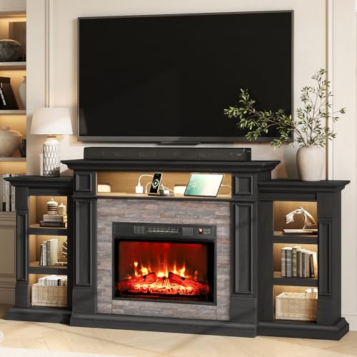 72" LED Fireplace TV Stand with Outlet, Electric Fireplace with Mantel for TVs Up to 80 Inch, Entertainment Center with Storage, Fireplace Heater Insert with 3D Flame Effect for Living Room, Black
