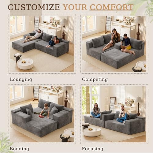 YESHOMY Boneless Couches for Living Room, 108" Sectional Modular Sectional Sofa with Deep Seat, Cloud Comfy Couch with L-Shape Chaise, Easy Assembly (Corduroy, Gray)