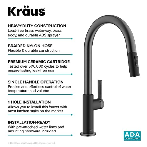KRAUS Oletto High-Arc Single Handle Pull-Down Kitchen Sink Faucets in Spot Free Black Stainless Steel, Kitchen Faucets with Pull Down Sprayer, KPF-2820MBSFSB