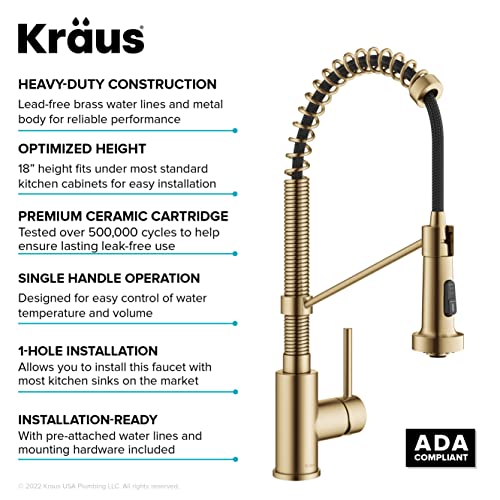 KRAUS Bolden Commercial Style 2-Function Single Handle Pull Down Kitchen Faucet in Spot-Free Brushed Brass, KPF-1610BB