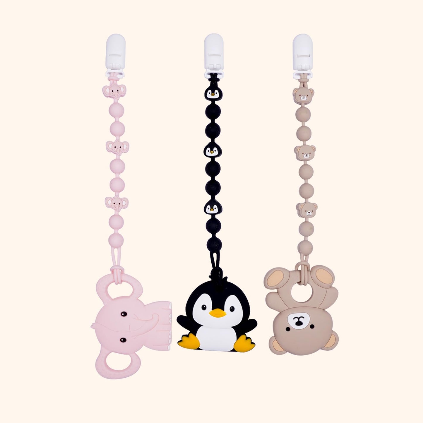 Cute Animal Baby Food Grade Silicone Teether Toy with One Piece Design Pacifier Clip Holder,Teething Pain Relief Toys Gift Set for 3 Months+ Boys and Girls,Freezer Safe,BPA Free (Elephant)