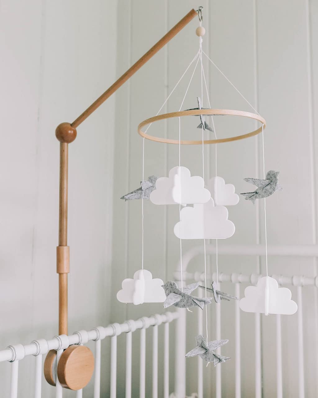 Baby Crib Mobile – Wooden Hanging Nursery Baby Mobile for Crib, Nursery Decor for Boys & Girls, Perfect Shower Gift (Grey Birds w/Garland) Also Fits Bassinets, Sorrel + Fern