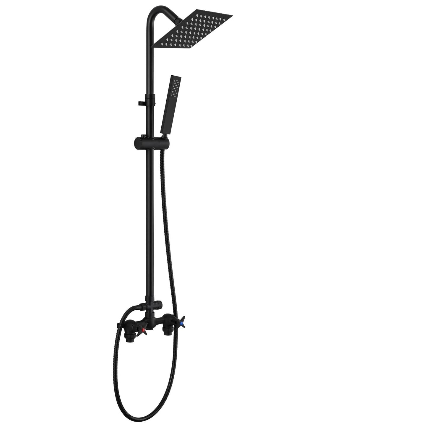 Cinwiny Wall Mounted Outdoor Shower System Matte Black 6" Square Rainfall Shower head with Hand Held Spray Double Cross Handles with Adjustable Slide Bar Two Function Exposed Shower Kit